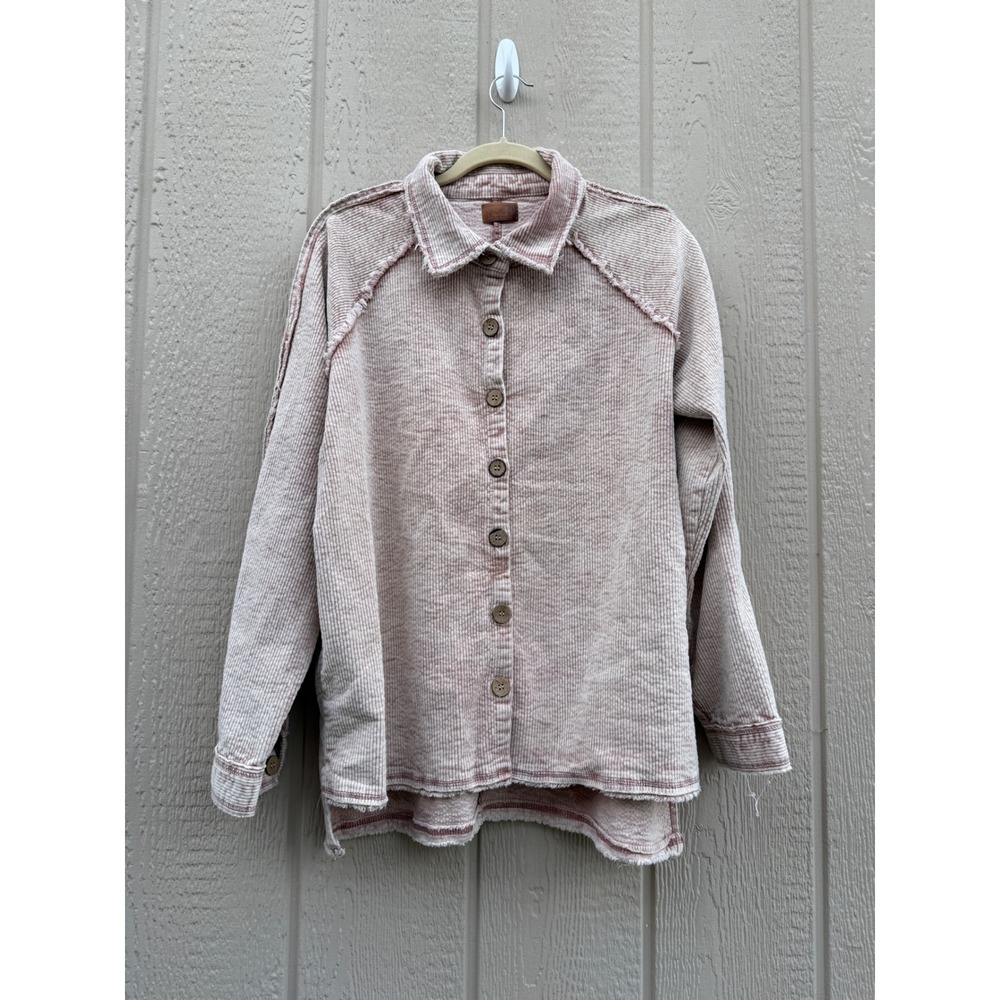 POL Large Corduroy Shacket Boho Acid Wash Cotton Raw Hem